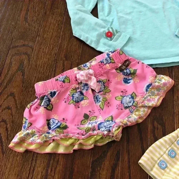 Bundle x3: Matilda Jane Girls 4 Blue Top, Green Flare Pants, Pink Floral Shorts - Picture 2 of 11